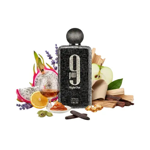 Frasco de 9 PM Night Out Eau de Parfum, perfume nocturno moderno y sofisticado con notas cálidas, especiadas y amaderadas para la noche