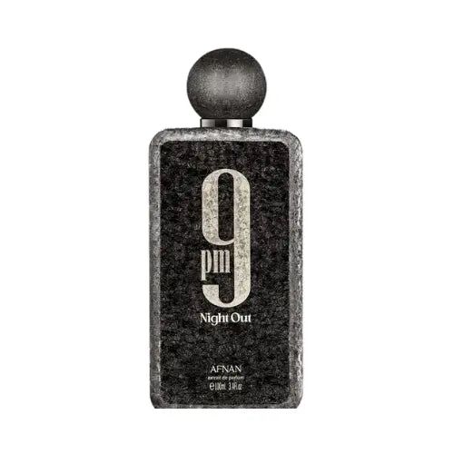 Perfume 9 PM Night Out Eau de Parfum con frasco oscuro elegante, fragancia unisex intensa diseñada para noches especiales y salidas nocturnas