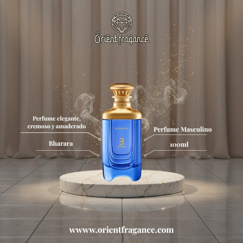 Perfume Bharara Elegance perfume arabe en frasco azul con detalles dorados y presentación premium