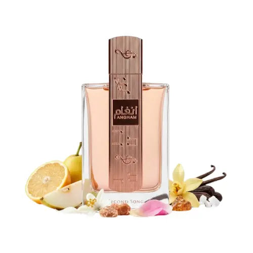 Angham Second Song Eau de Parfum con frasco rosado y acabado metálico, fragancia cálida ambarada femenina de larga duración