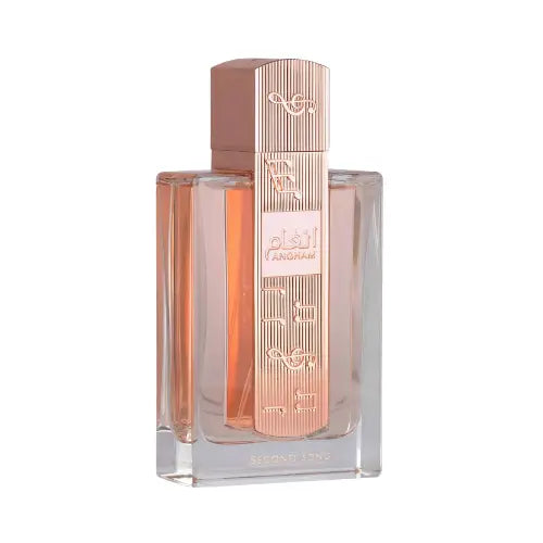 Perfume Angham Second Song frasco elegante en tonos rosados con diseño vertical metálico y aroma oriental femenino sofisticado