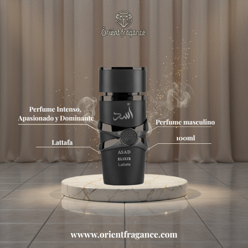 Asad Elixir de Lattafa, fragancia masculina moderna y sofisticada con notas de vainilla, cuero y ámbar. Una experiencia olfativa intensa y de lujo