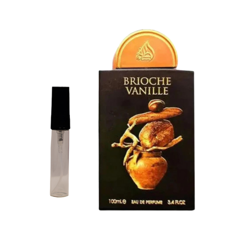 Muestra del perfume Brioche Vanille de Lattafa, fragancia de lujo con notas de vainilla, azúcar y ámbar. Elegante, cálida y adictiva, disponible en Orient Fragance