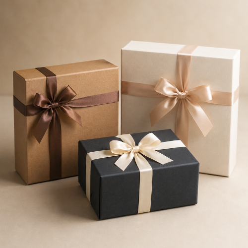 Caja de regalo minimalista con lazo decorativo. Presentación elegante y sofisticada para perfumes de hombre en Orient Fragance.