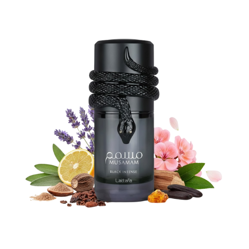 Comprar Musamam Black Intense Lattafa perfume arabe masculino eau de parfum intenso para otoño e invierno con lavanda cedro tonka y ámbar