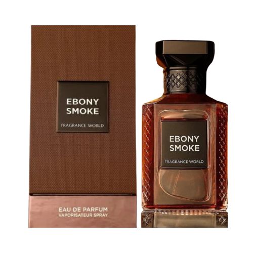 Perfume Ebony Smoke de Fragrance World, fragancia masculina intensa con toques de cuero, madera oscura y resinas. Poderoso y elegante