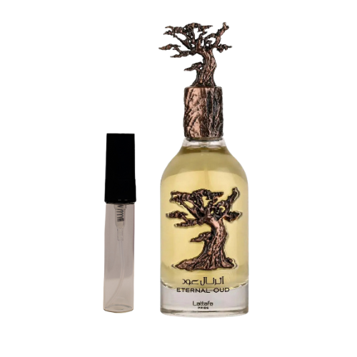 Muestra del perfume Éternel Oud de Lattafa, fragancia de lujo con oud refinado y notas orientales. Elegante, cálida y sofisticada, disponible en Orient Fragance
