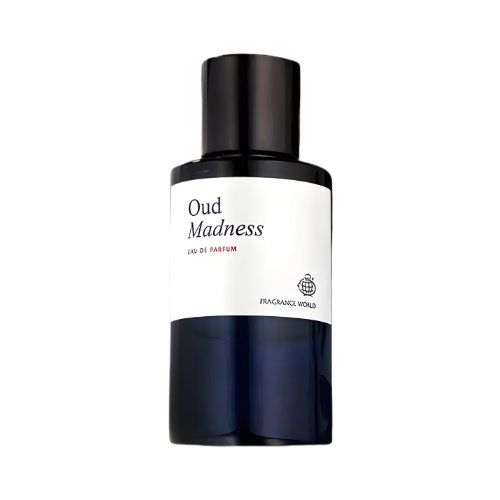 Fragrance World Oud Madness perfume unisex 60 ml frasco elegante diseño oscuro y sofisticado con oud