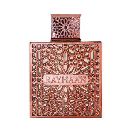 Perfume Rayhaan Divine de Lattafa sobre fondo blanco, aroma floral con notas orientales