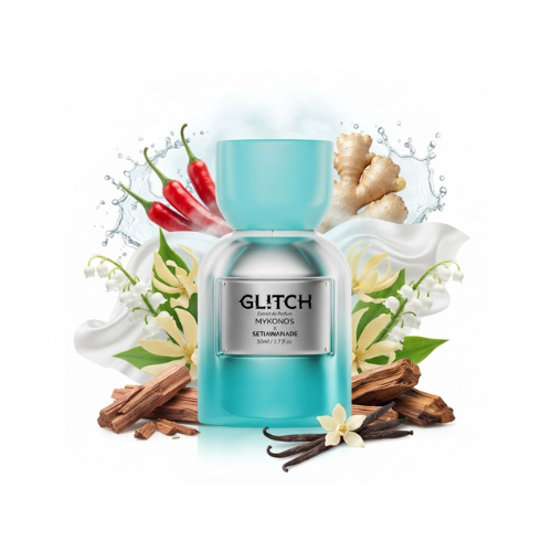 Detalle del frasco Glitch acabado premium extrait de parfum unisex