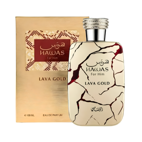 Rasasi Hawas Lava Gold presentación elegante perfume unisex premium sofisticado