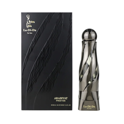 Detalle del frasco La Di Da For Him Arabiyat Prestige acabado negro sofisticado masculino