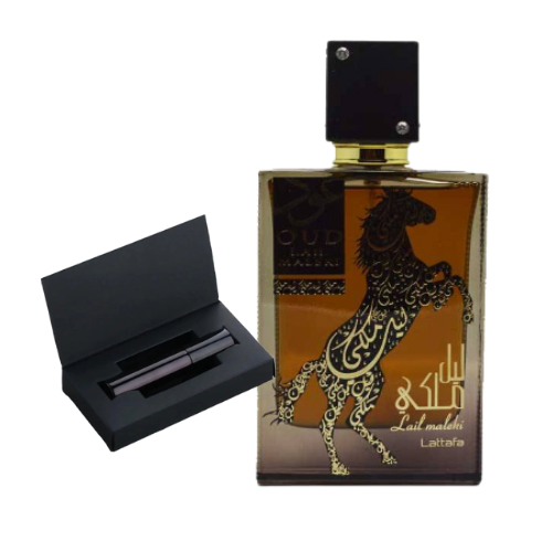 Muestra del perfume Laila Malaki de Lattafa, fragancia de lujo con notas orientales y florales. Un perfume sofisticado y exclusivo disponible en Orient Fragance