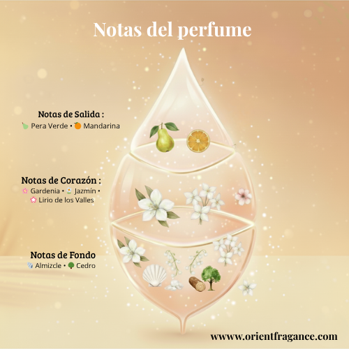 Perfume Layaan de Lattafa, fragancia de lujo con pera verde, mandarina y flores blancas. Un aroma elegante, suave y sofisticado disponible en Orient Fragance