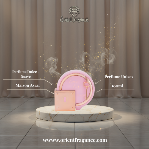 Maison Asrar Love Key presentación elegante perfume unisex romántico y sofisticado