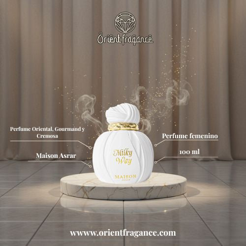Milky Way de Maison Asrar, perfume suave y envolvente con notas cremosas, florales y ambaradas. Una experiencia olfativa delicada y luminosa.