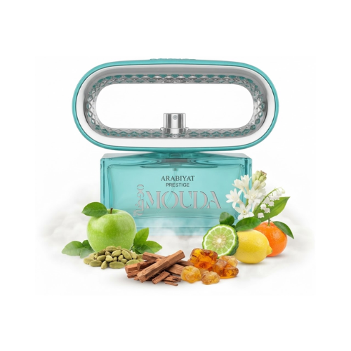 Detalle del frasco Mouda acabado premium perfume unisex con notas cítricas y florales