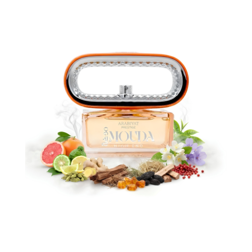Detalle del frasco Mouda High End acabado premium perfume unisex con jazmín sambac y maderas