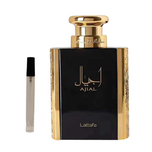 Muestra del perfume Ajial de Lattafa, fragancia de lujo árabe con notas dulces y amaderadas. Elegante, cálida y sofisticada, disponible en Orient Fragance