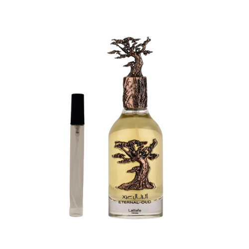 Muestra del perfume Éternel Oud de Lattafa, fragancia de lujo con oud refinado y notas orientales. Elegante, cálida y sofisticada, disponible en Orient Fragance