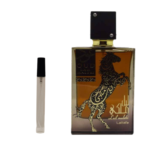 Muestra del perfume Laila Malaki de Lattafa, fragancia de lujo con notas orientales y florales. Un perfume sofisticado y exclusivo disponible en Orient Fragance