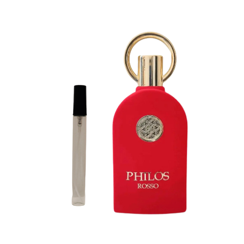 Muestra del perfume Philos Rosso, fragancia de lujo con notas florales, afrutadas y orientales. Una esencia sofisticada y elegante disponible en Orient Fragance.