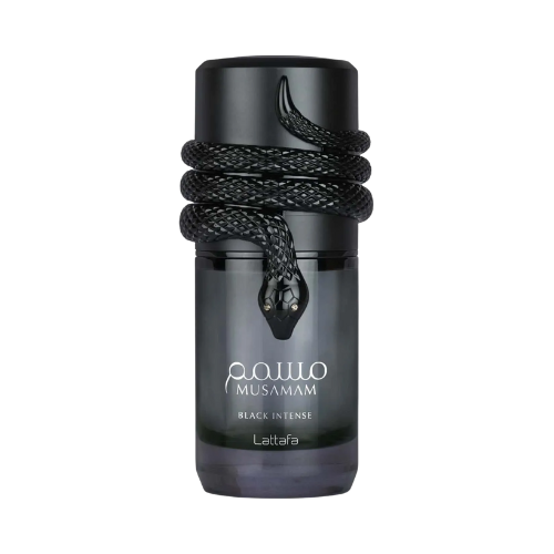 Musamam Black Intense de Lattafa perfume arabe eau de parfum masculino aromático amaderado con lavanda bergamota salvia nuez moscada cedro pachulí y haba tonka