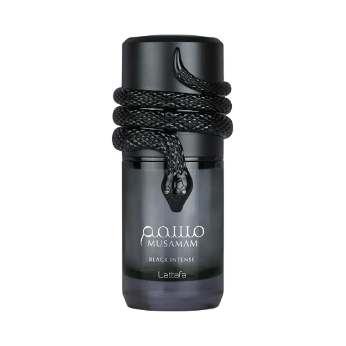 Musamam Black Intense de Lattafa perfume arabe eau de parfum masculino aromático amaderado con lavanda bergamota salvia nuez moscada cedro pachulí y haba tonka