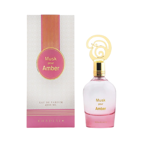 Perfume Musk Pour Amber de Khadlaj, fragancia de lujo con almizcle blanco, ámbar y maderas suaves. Elegante, cálida y sofisticada, disponible en Orient Fragance