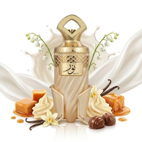 Detalle del frasco Noor acabado premium perfume unisex refinado y moderno