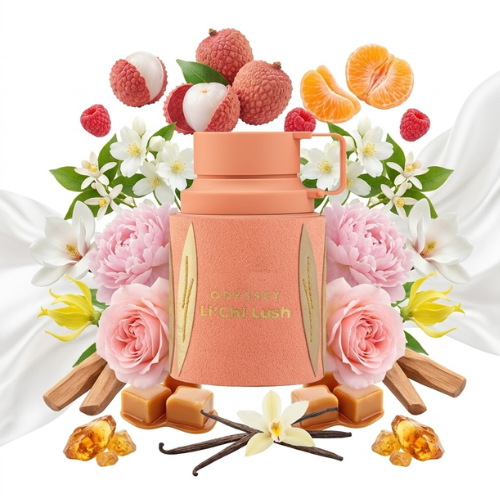 Detalle del frasco Odyssey Lychee Lush acabado premium perfume unisex moderno y elegante