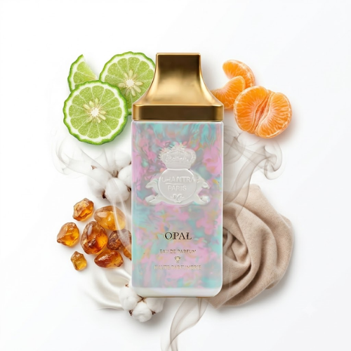 Detalle del frasco Opal acabado premium perfume unisex refinado y moderno