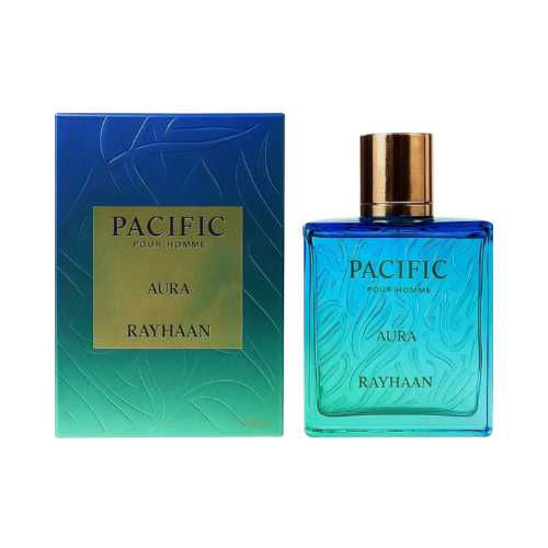 Perfume Pacific Aura de Rayhaan, fragancia de lujo con notas cítricas, marinas y frutales. Fresca, elegante y sofisticada, disponible en Orient Fragance