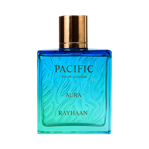 Pacific Aura de Rayhaan, perfume masculino con notas marinas, frutas y maderas suaves. Una fragancia luminosa, fresca y perfecta para el verano