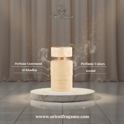 Detalle del frasco Panache Angel Dust de Khadlaj perfume gourmand premium