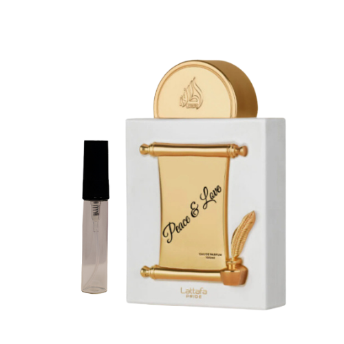 Muestra del perfume Peace and Love de Lattafa, fragancia de lujo con aroma floral y afrutado. Elegante, positiva y exclusiva, disponible en Orient Fragance.