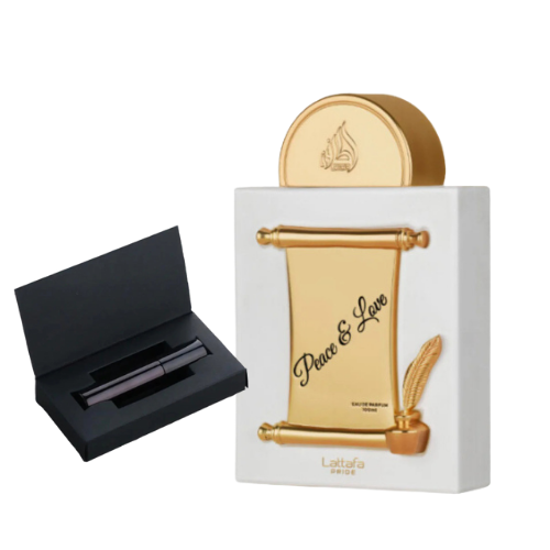 Muestra del perfume Peace and Love de Lattafa, fragancia de lujo con aroma floral y afrutado. Elegante, positiva y exclusiva, disponible en Orient Fragance.