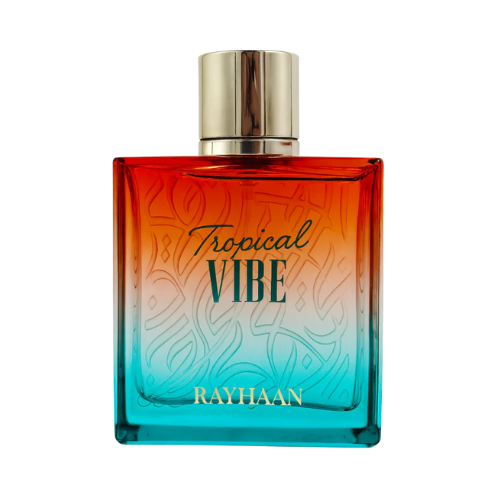 Perfume Tropical Vibe de Rayhaan sobre fondo tropical, aroma veraniego y alegre