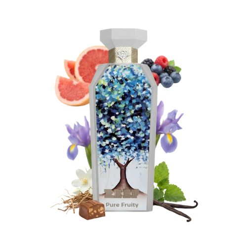 Detalle del frasco Pure Fruity acabado elegante perfume unisex afrutado y moderno