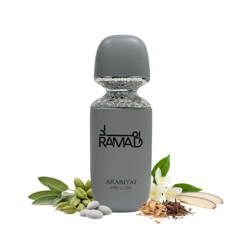 Detalle del frasco Ramad Arabiyat Prestige con acabado gris mate y estilo árabe contemporáneo
