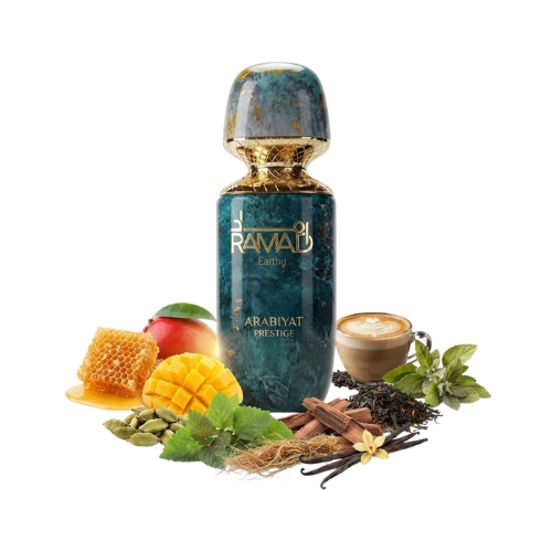 Detalle del frasco Ramad Earthy acabado premium extrait de parfum con miel, té negro y vainilla