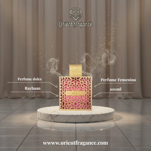 Rayhaan Kiss perfume femenino 100 ml frasco rosa con diseño dorado ornamental elegante