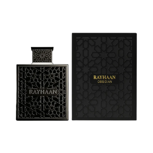 Perfume Rayhaan Obsidian 100 ml vista lateral fragancia oriental intensa con oud y sándalo