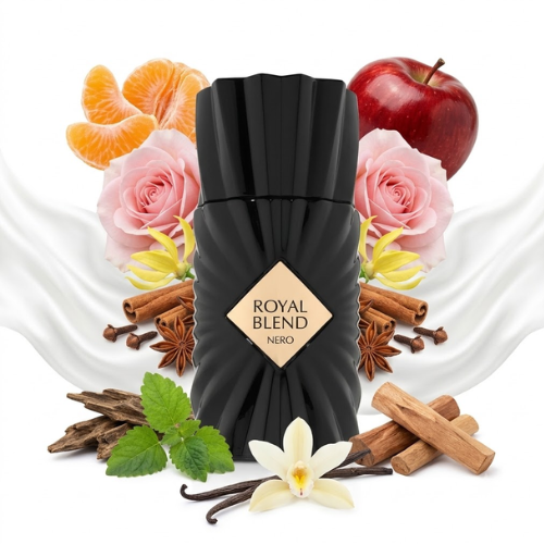 Detalle del frasco Royal Blend Nero acabado premium perfume unisex exclusivo y refinado
