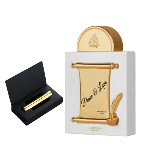 Muestra del perfume Peace and Love de Lattafa, fragancia de lujo con aroma floral y afrutado. Elegante, positiva y exclusiva, disponible en Orient Fragance.