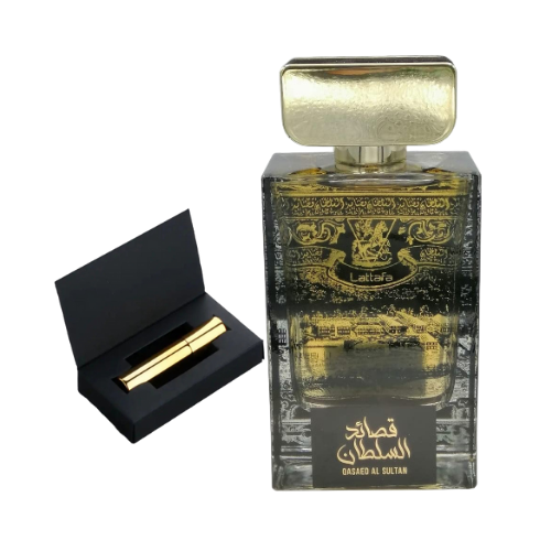 Muestra del perfume Qasaed Al Sultan, fragancia árabe majestuosa con notas amaderadas y especiadas. Inspirada en el lujo y la realeza oriental