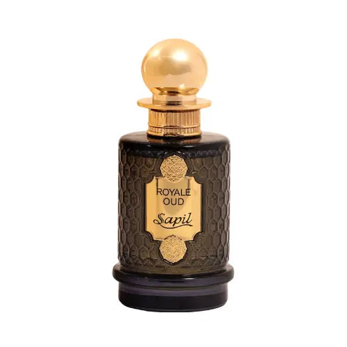 Sapil Royal Oud Eau de Parfum frasco elegante negro con fragancia amaderada intensa y fondo oriental masculino