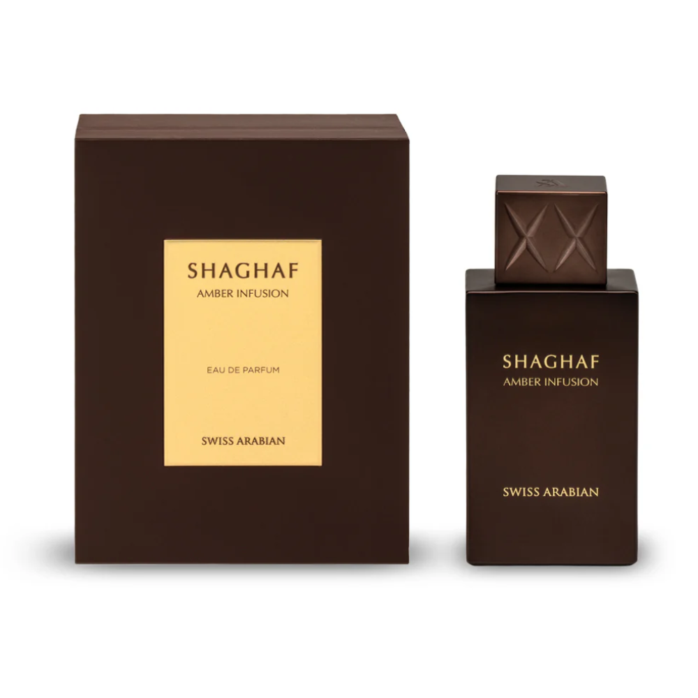 Perfume Shaghaf Amber Infusion de Swiss Arabian, fragancia de lujo con ámbar dorado, vainilla y maderas preciosas. Intensa, cálida y sofisticada