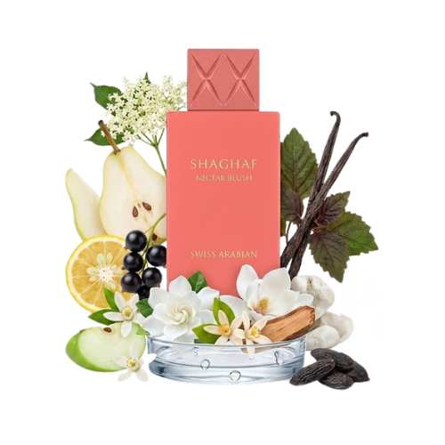 Detalle del frasco Shaghaf Nectar Blush acabado premium perfume unisex gourmand elegante
