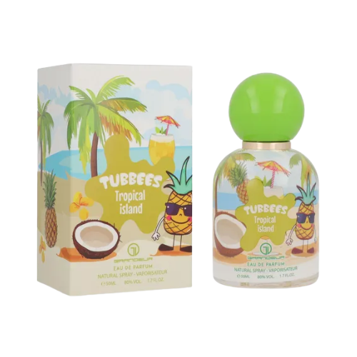 Perfume Tubbees Tropical Island, fragancia de lujo con notas frutales, coco y vainilla. Dulce, exótica y refrescante, disponible en Orient Fragance.